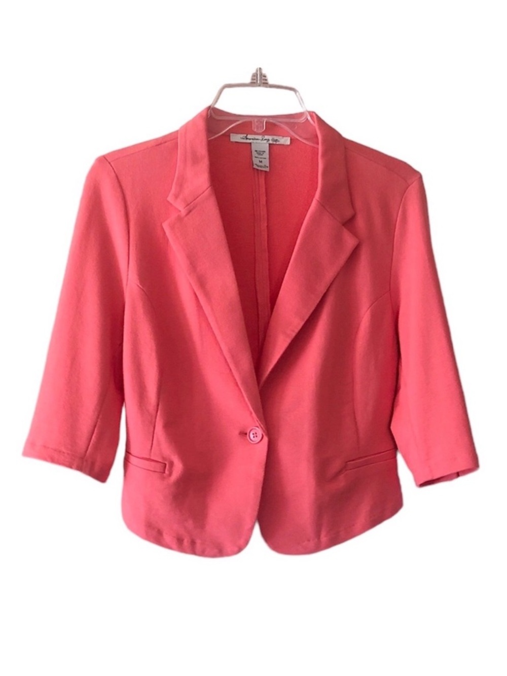 American Rag Sz M Jr Cropped Blazer Stretchy Cotton Coral 3/4 Sleeve Lightweight